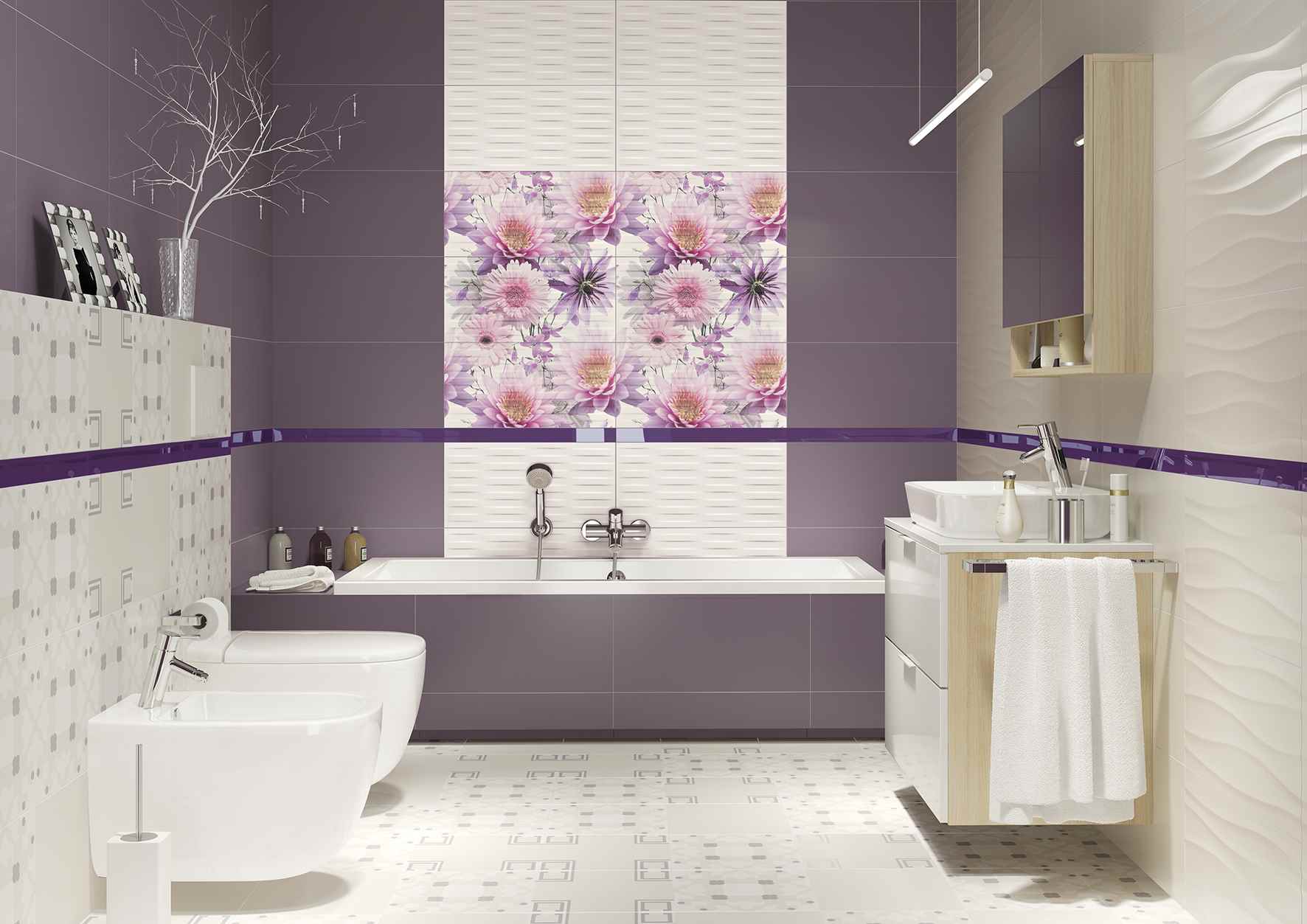 opcija ar skaistu dekoru flīžu ieklāšanai vannas istabā