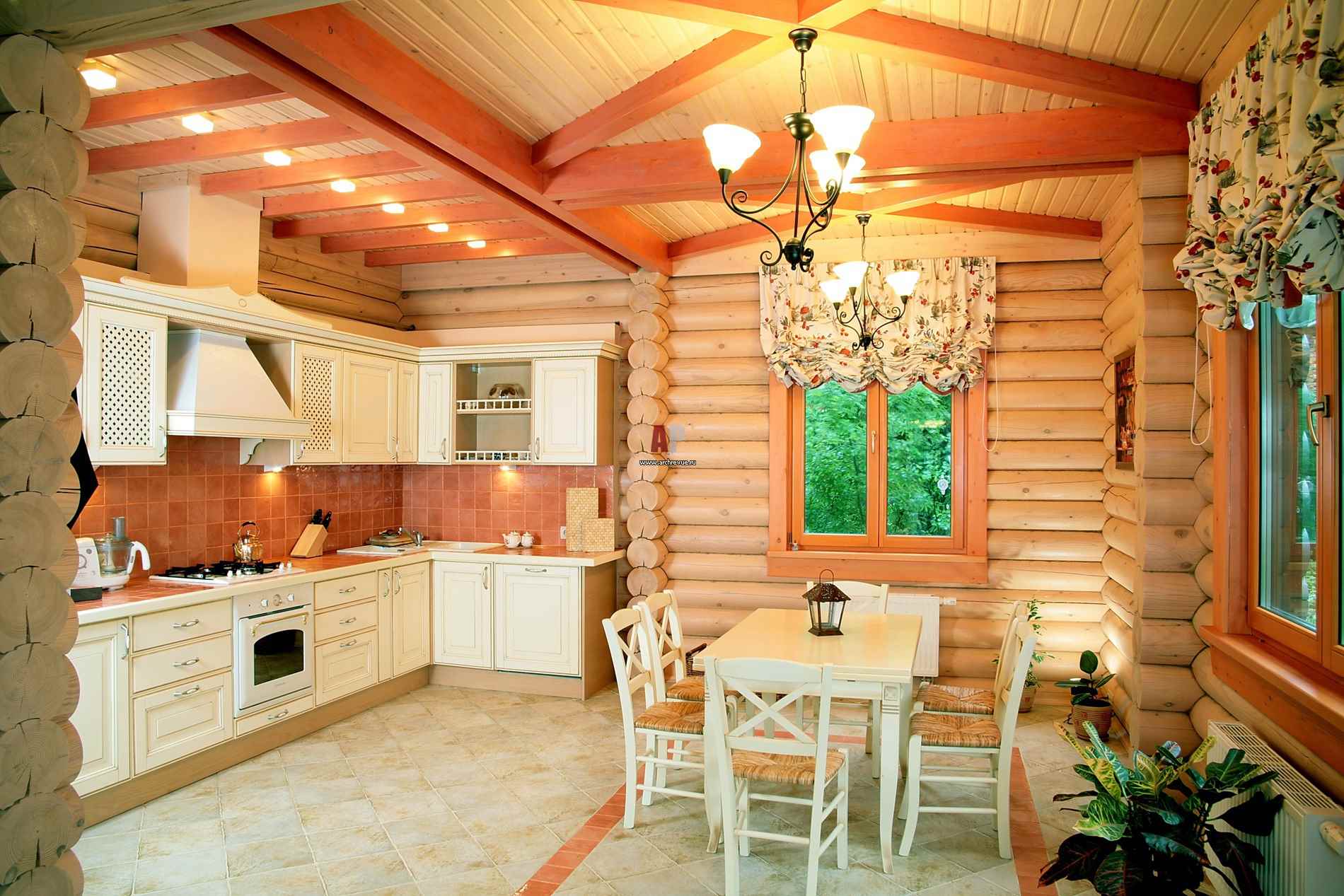 Un exemple de style de cuisine lumineux dans une maison en bois