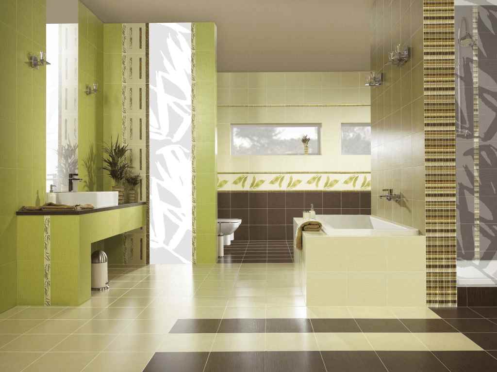 Ryškios vidaus plytelių klojimo vonios kambaryje pavyzdys