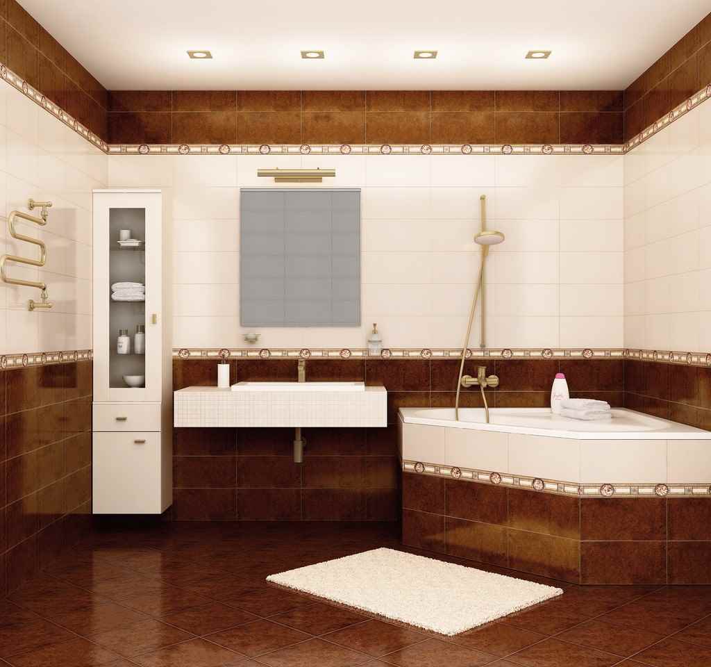 ideja par spilgtu interjeru, ar kuru flīzes tiek uzliktas vannas istabā