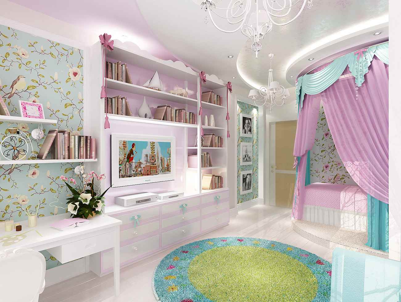 un exemple d'un intérieur inhabituel d'une chambre d'enfants pour une fille