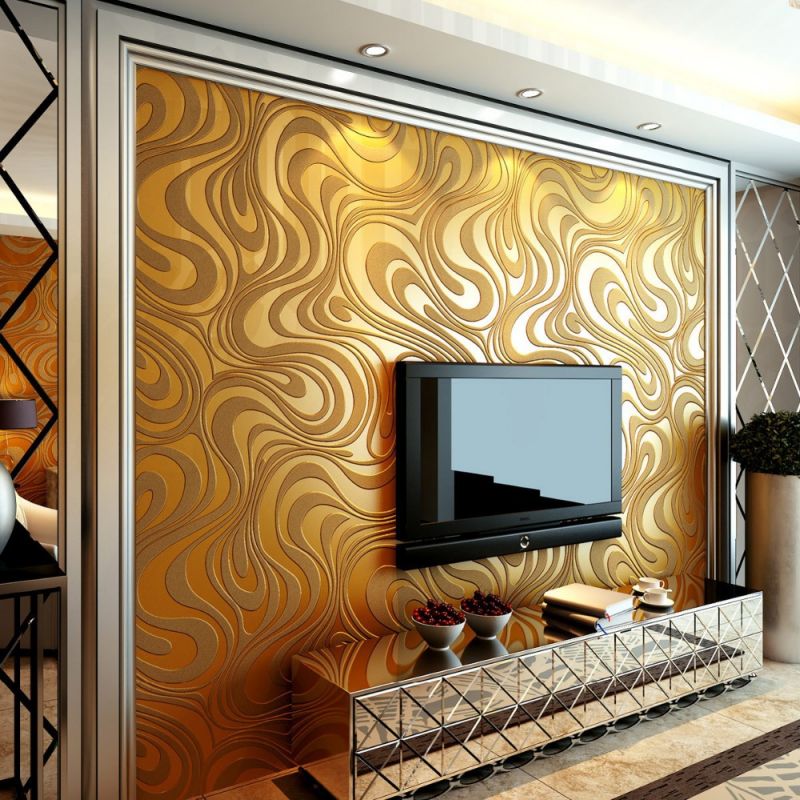contrasting wallpaper in the TV area