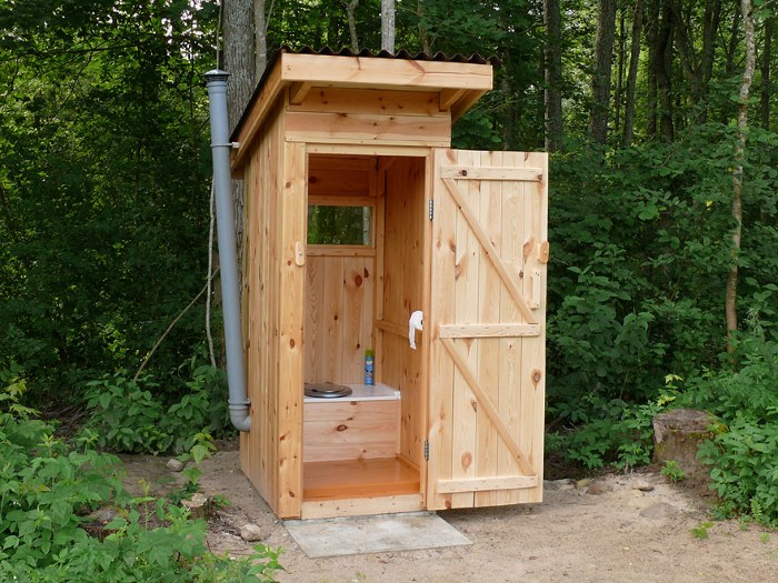 Toilette extérieure en bois avec porte ouverte