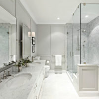 Šviesiai pilkos sienos kombinuoto vonios kambario interjere