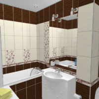 Brūnas un baltas flīzes kombinētās vannas istabas dizainā