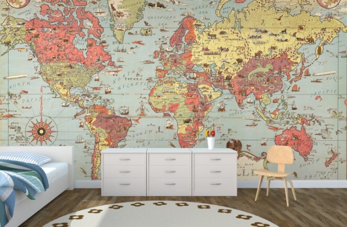 Papier peint sous la forme d'une carte géographique dans la chambre d'un écolier