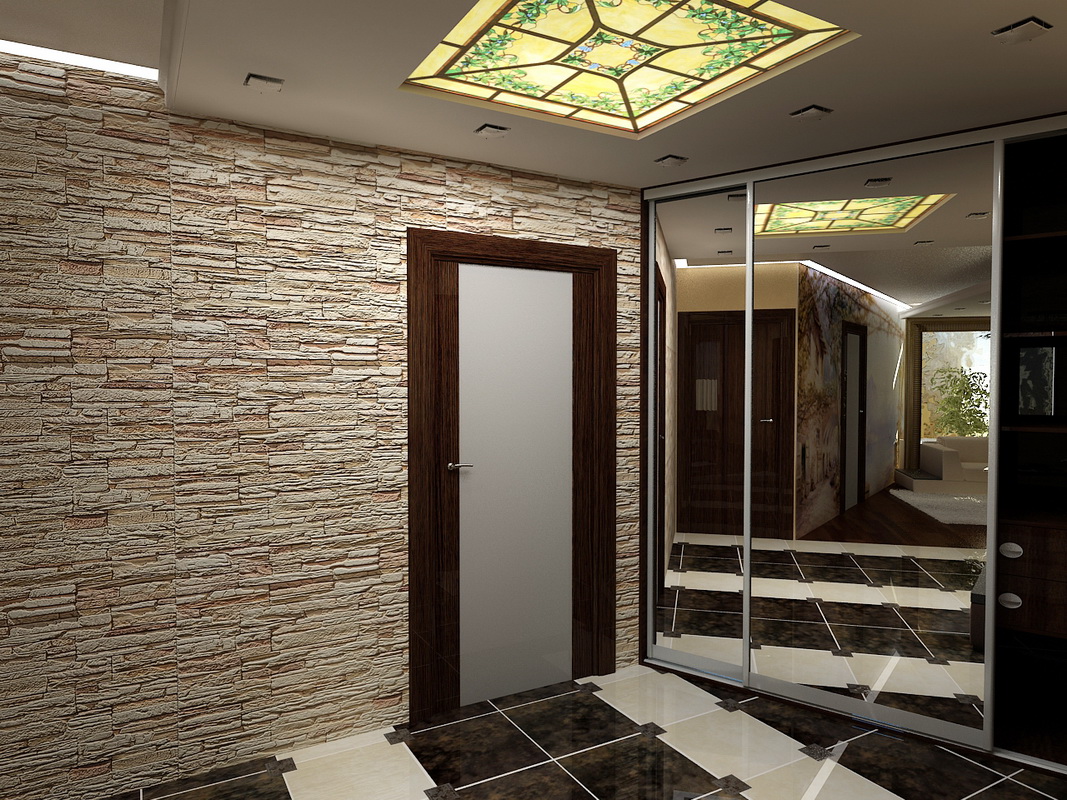 Façade avec mur de pierres décoratives dans le couloir et armoire à glace
