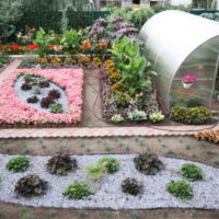 Serre en polycarbonate et parterre de fleurs dans le jardin