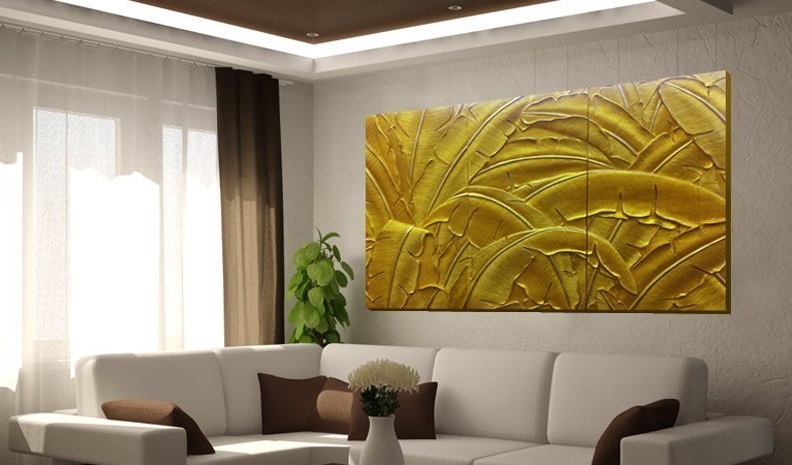 Decorative panel in the interior of a spacious living room with white walls