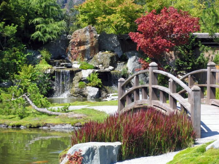 Cascade en pierre et pont en bois dans le jardin chinois