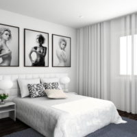 Pictures above the head of the bed in the interior of the bedroom 12 sq m