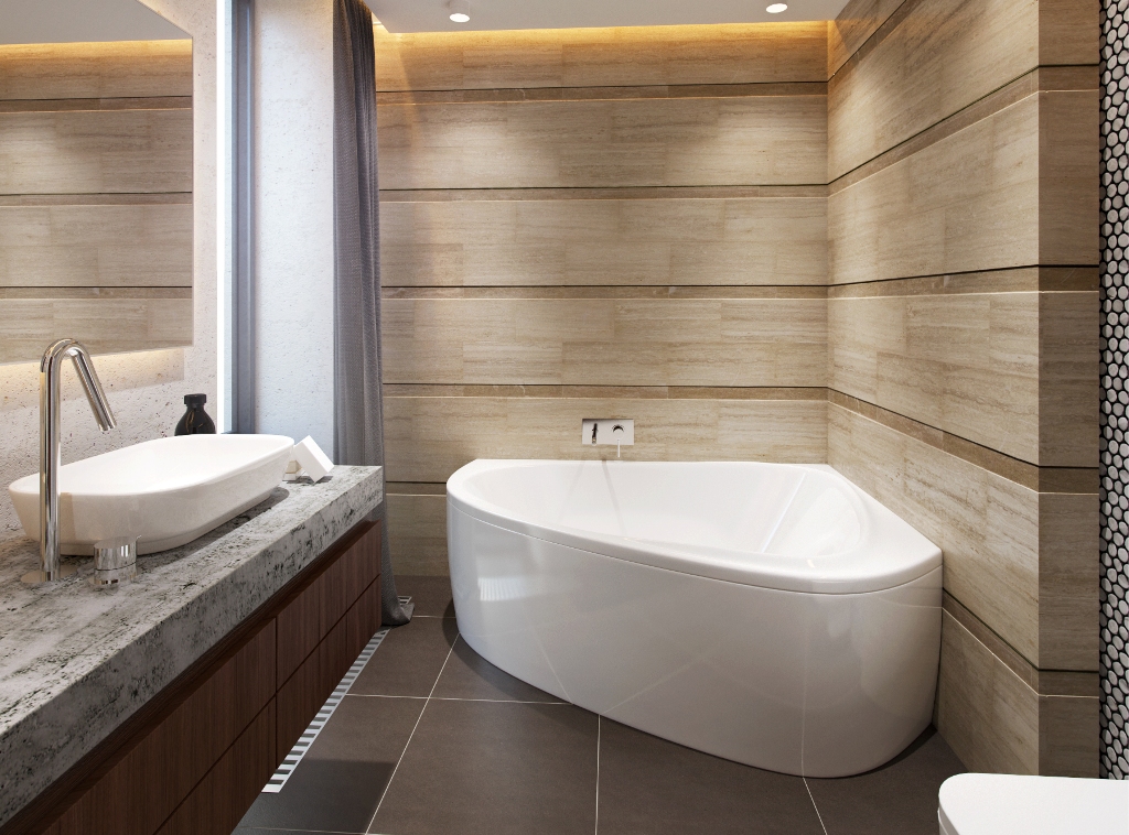 Kombinētās vannas istabas ar stūra vannu dizains