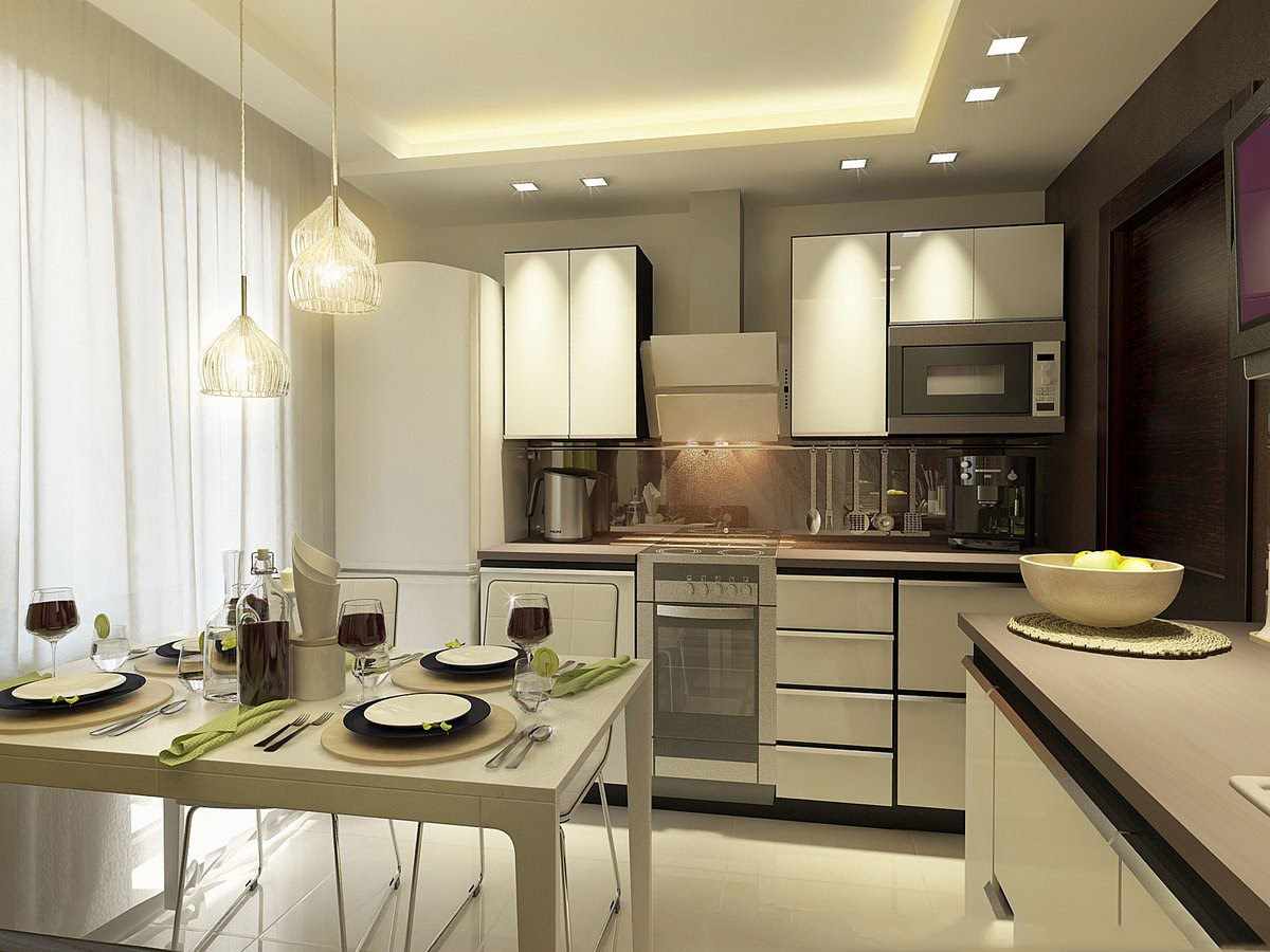 šviesaus stiliaus virtuvės lubų variantas
