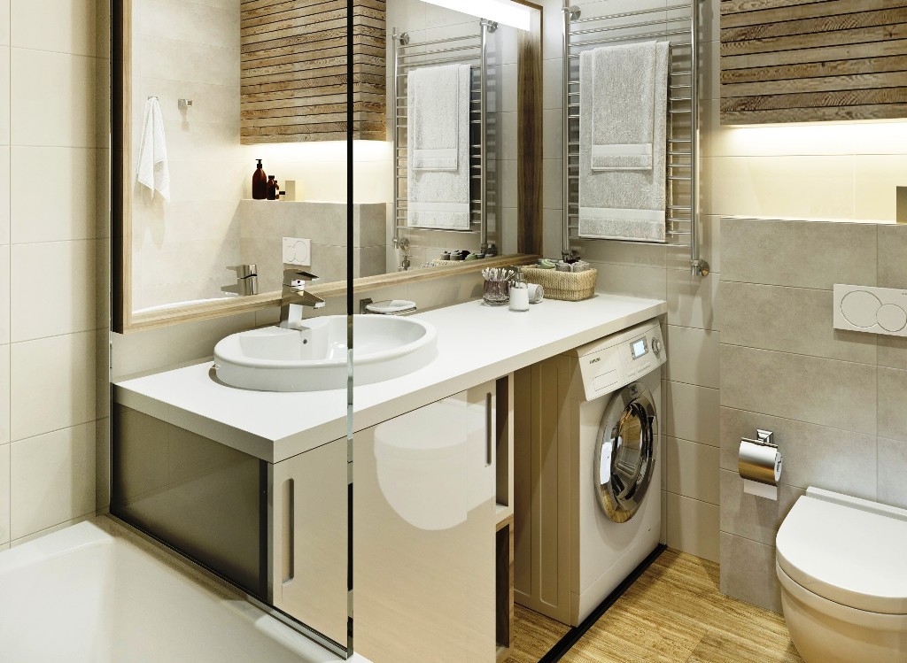 Integruota skalbimo mašina kombinuotame vonios kambaryje