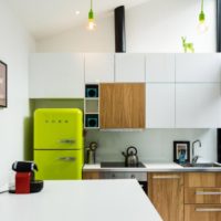 Réfrigérateur vert clair et façades en bois dans la cuisine