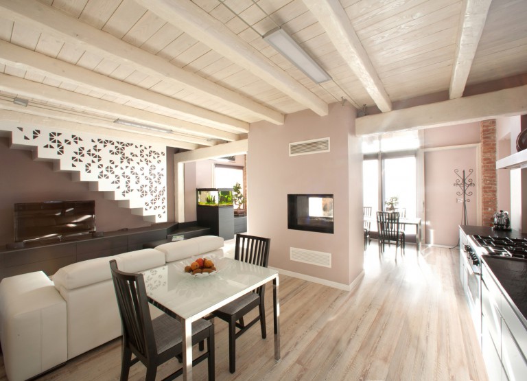 Wooden ceiling in the interior of a residential building