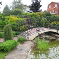 Pont sur un étang avec des balustrades métalliques