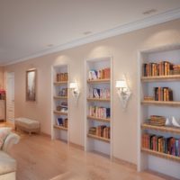 Home library in niches on the living room wall