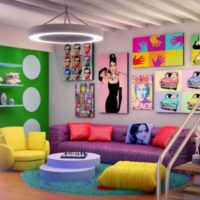 Salon avec des coussins colorés dans un style pop art.