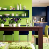La combinazione di colori verde oliva e blu all'interno della cucina