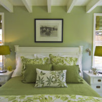 Tessuti e pareti nei toni dell'olivo nel design della camera da letto