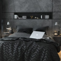 Dark gray shades in the interior of the bedroom