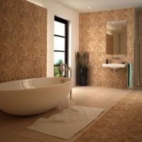 The design of the floor and walls of the bathroom with a light brown mosaic