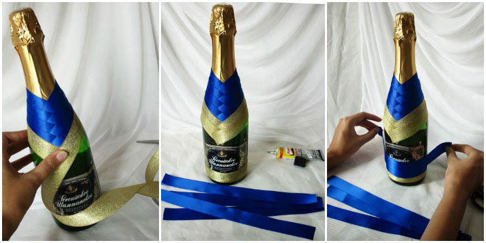 DIY champagne bottle decoration with ribbons