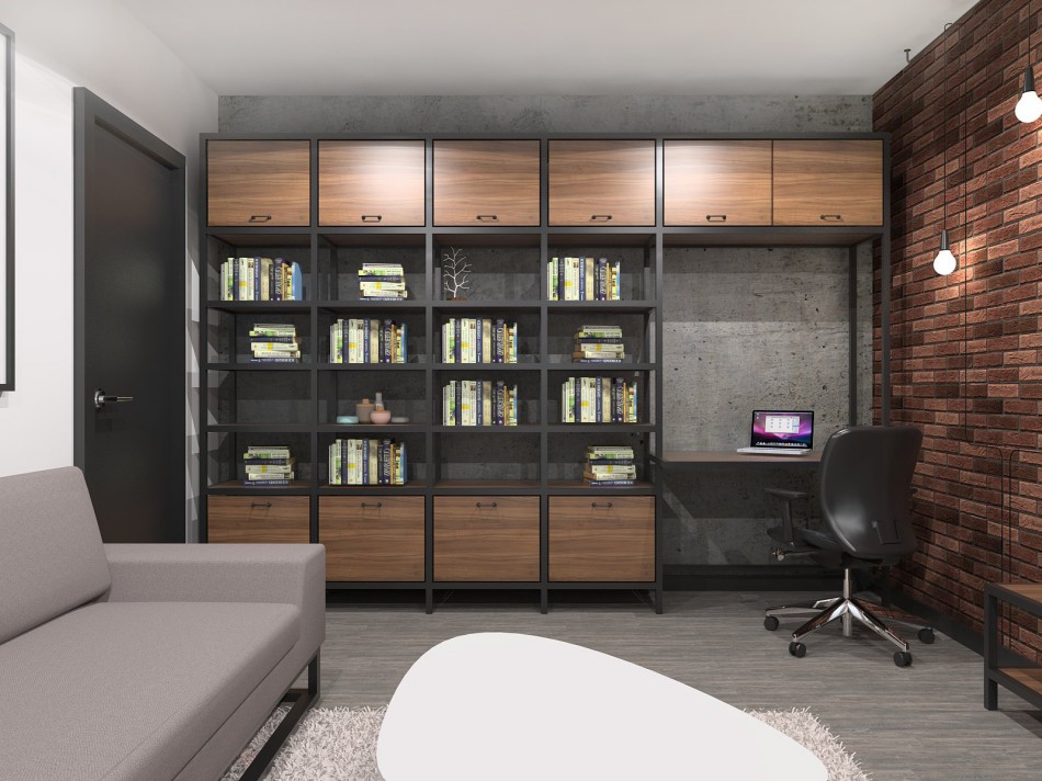 Libreria nel design di un monolocale in una casa a pannelli della serie p44t