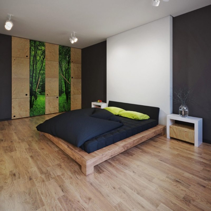 Moderna camera da letto in stile ecologico con pavimento in laminato