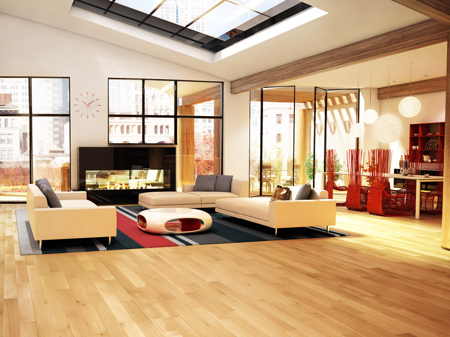 Laminate with imitation natural wood in the design of the living room