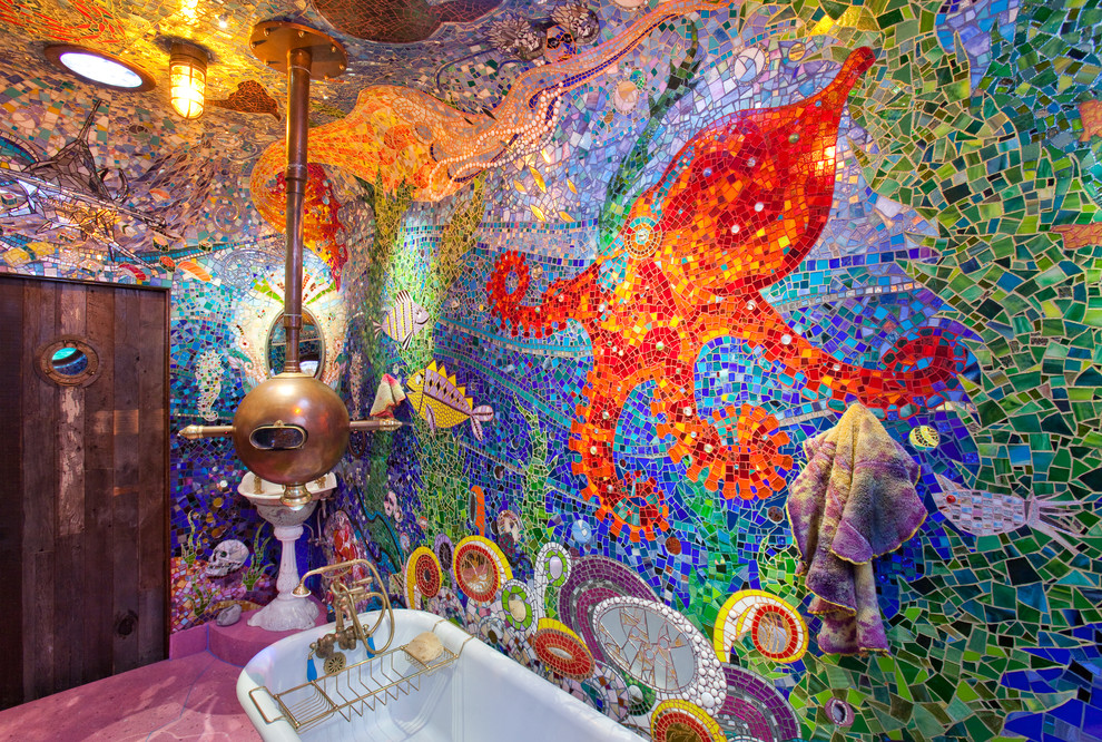 Unique bathroom with colored mosaic walls and ceilings