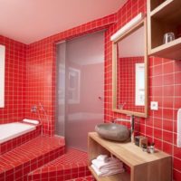Raudonos plytelės vonios kambario dizaine