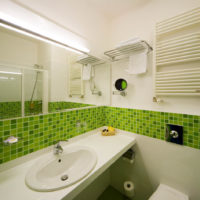 Žalia ir balta derinys vonios kambario dizaine