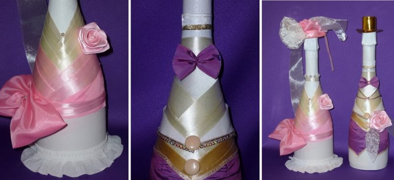 Decor of a bottle of champagne by coloring and pasting with ribbons