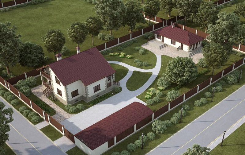 Design project of a cottage plot of 15 acres with a house and a garage