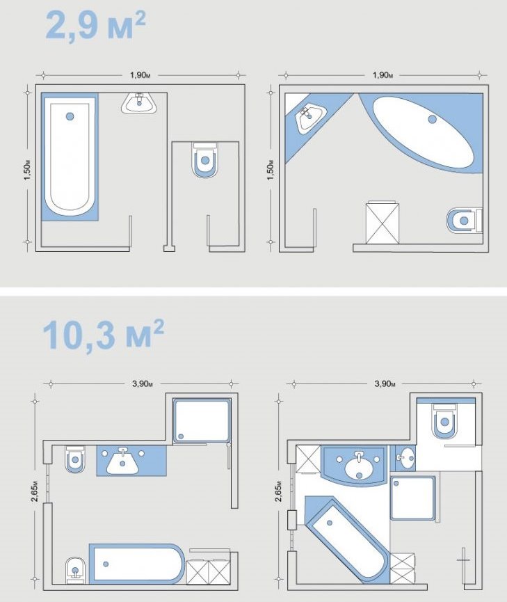 Dažādu izmēru vannas istabu izkārtojuma diagrammas