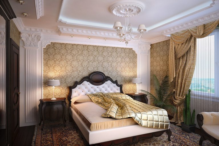 Massive wooden bed in a classic style bedroom