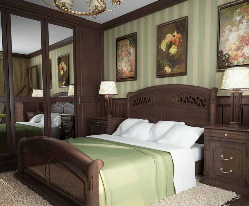 Тъмна спалня в класически стил с мебели от масивно дърво