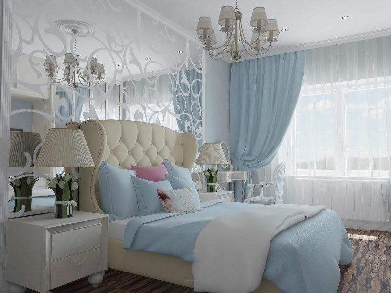L'interno di una bellissima camera da letto nei toni del blu pallido