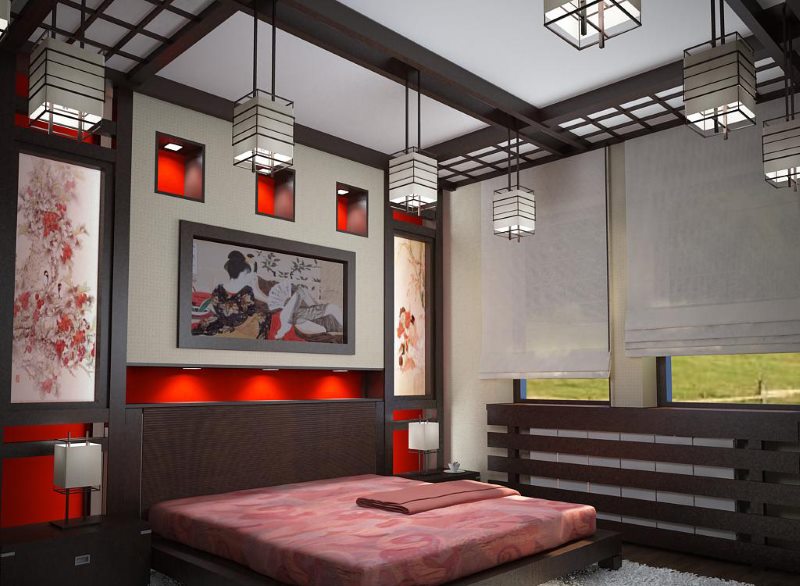 Stijlvolle slaapkamer met plafondbalk in Japanse stijl