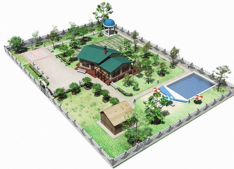 Design project of a plot of 15 acres with a pool