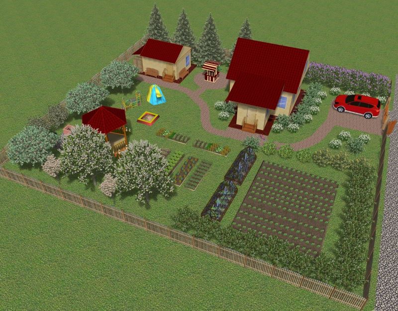 Проектът на селски парцел с градина и зеленчукова градина