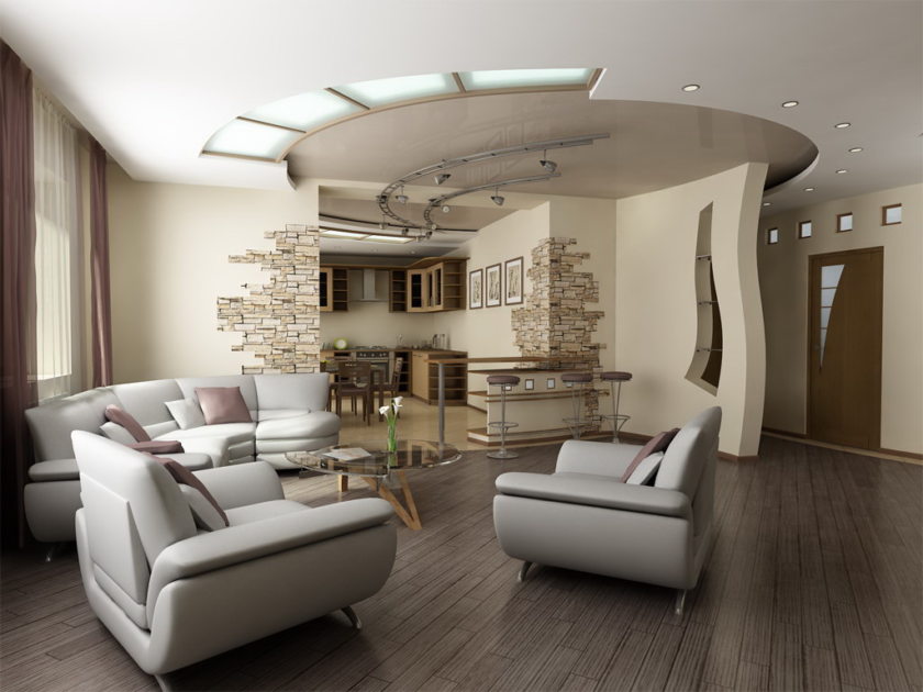 A nyújtható és gipszkarton mennyezetek gyönyörű kombinációja egy modern nappali szobában