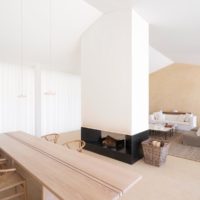 Cheminée de style minimaliste dans le salon d'un immeuble résidentiel