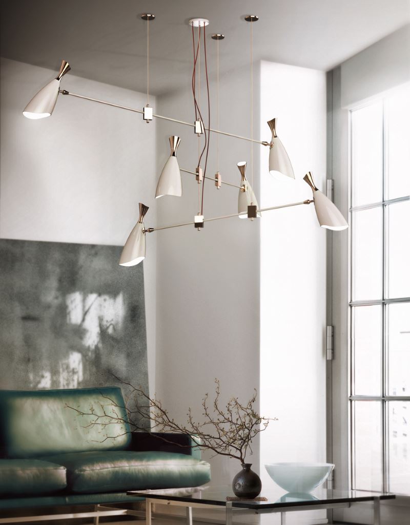 Unusual chandelier in a modern living room interior
