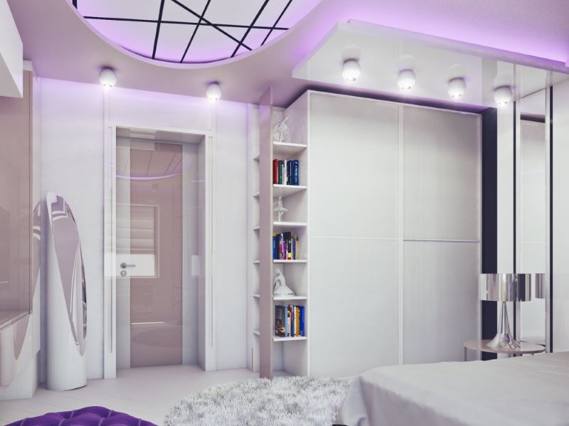 Interiore della stanza dell'adolescente in viola pallido