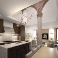 Progetto di design di una cucina-soggiorno con colonne