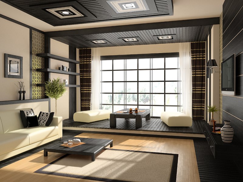 Salon d'une maison privée dans le style du minimalisme japonais