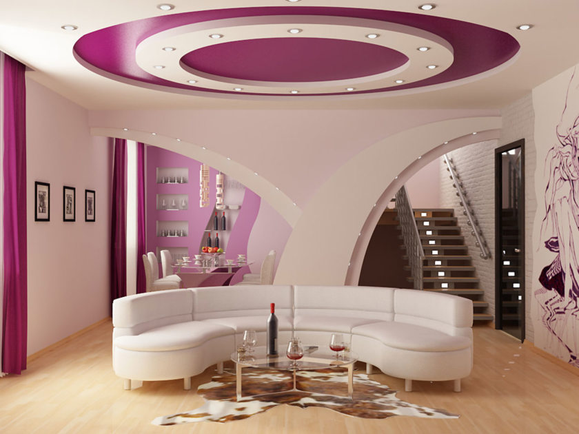 Wit plafond met paarse accenten
